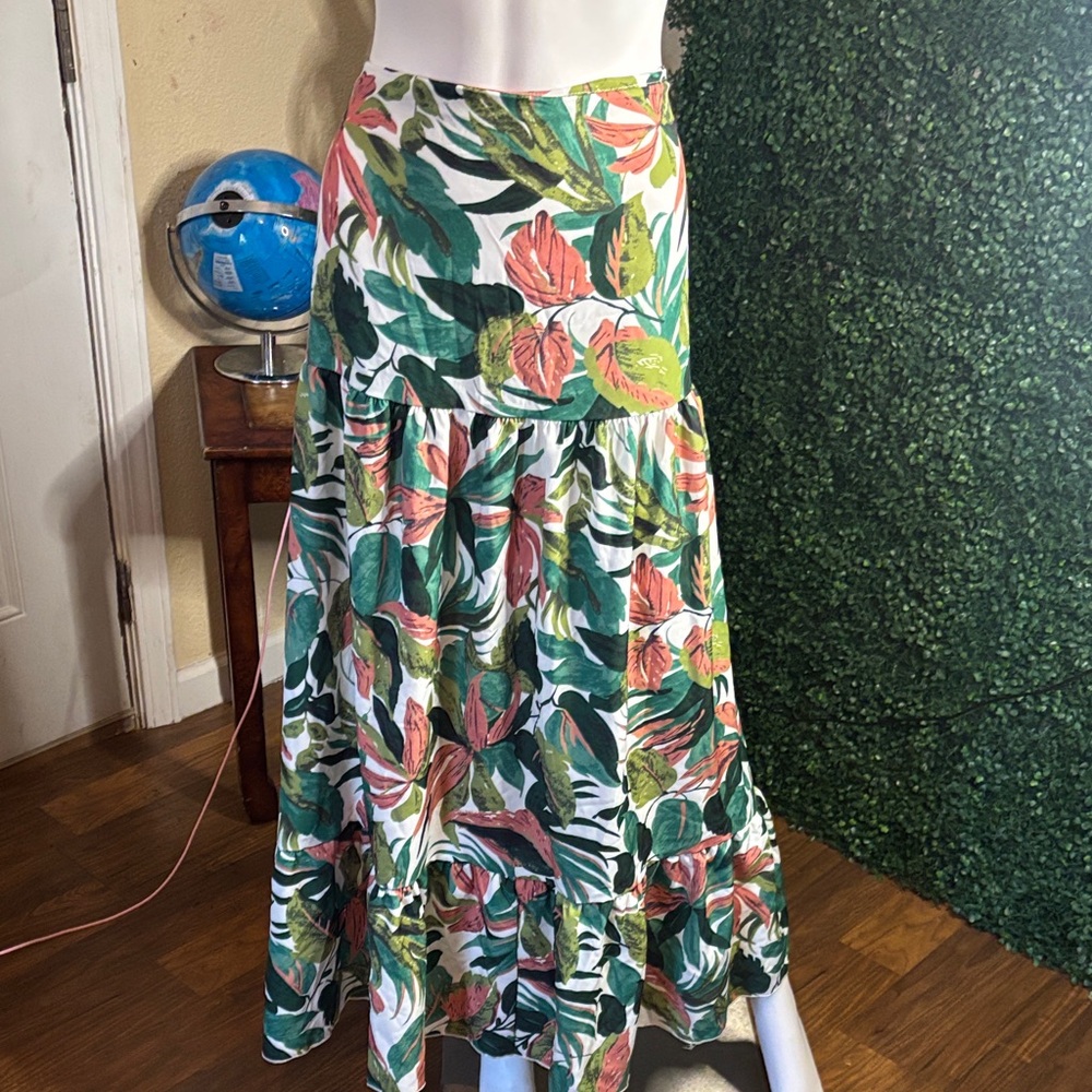SHEIN White Maxi Skirt with Green & Coral Tropical Print